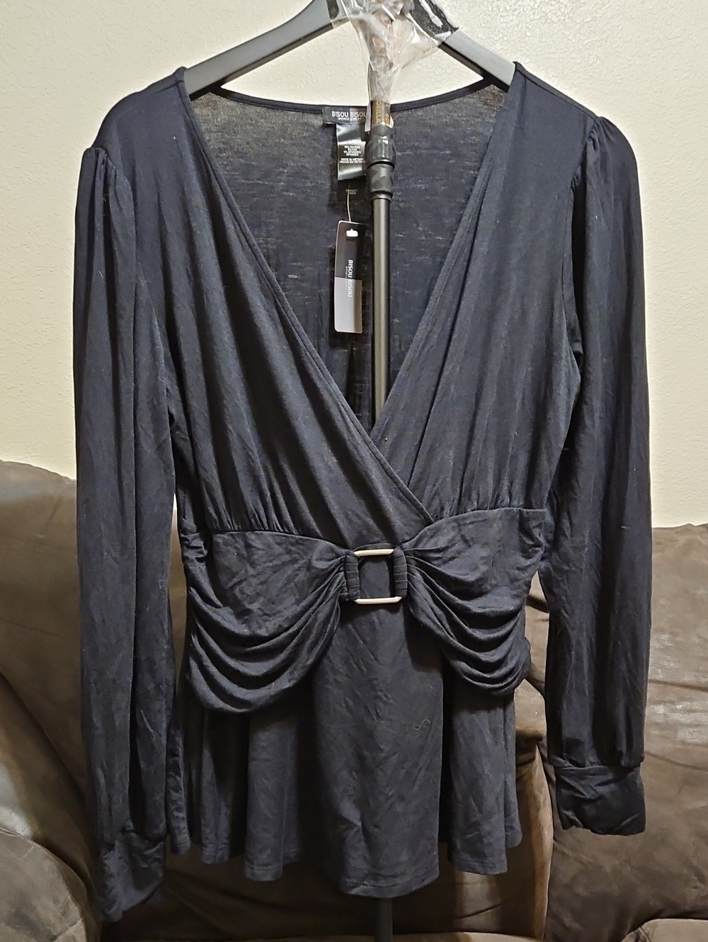 Bisou Bisou Black Long-Sleeve Wrap Top with Buckle Accent